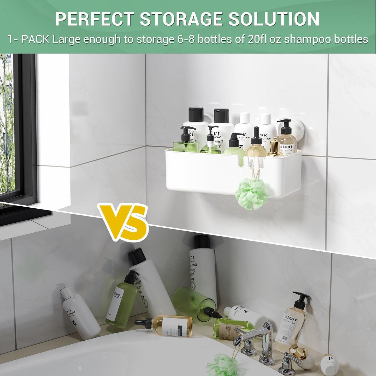 Abnehmbarer Dusch-Aufbewahrungskorb, rostfrei, wasserdicht, für die Badezimmerwand, Shampoo, Rasierer, Seife, mit Drainage-Design und Haken – Weiß