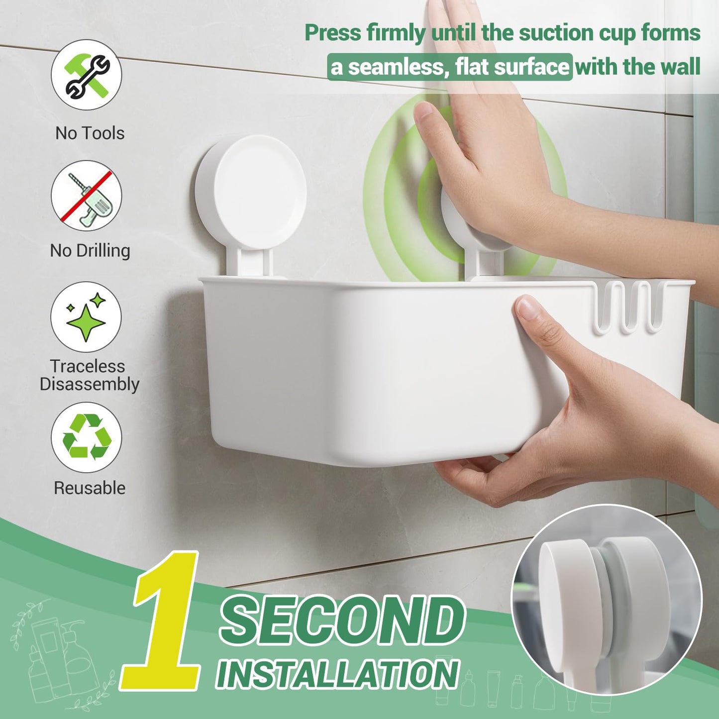 Abnehmbarer Dusch-Aufbewahrungskorb, rostfrei, wasserdicht, für die Badezimmerwand, Shampoo, Rasierer, Seife, mit Drainage-Design und Haken – Weiß