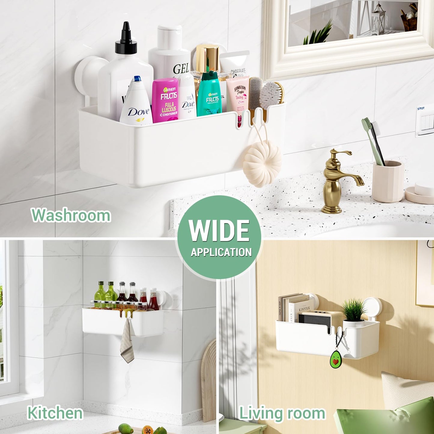 Abnehmbarer Dusch-Aufbewahrungskorb, rostfrei, wasserdicht, für die Badezimmerwand, Shampoo, Rasierer, Seife, mit Drainage-Design und Haken – Weiß