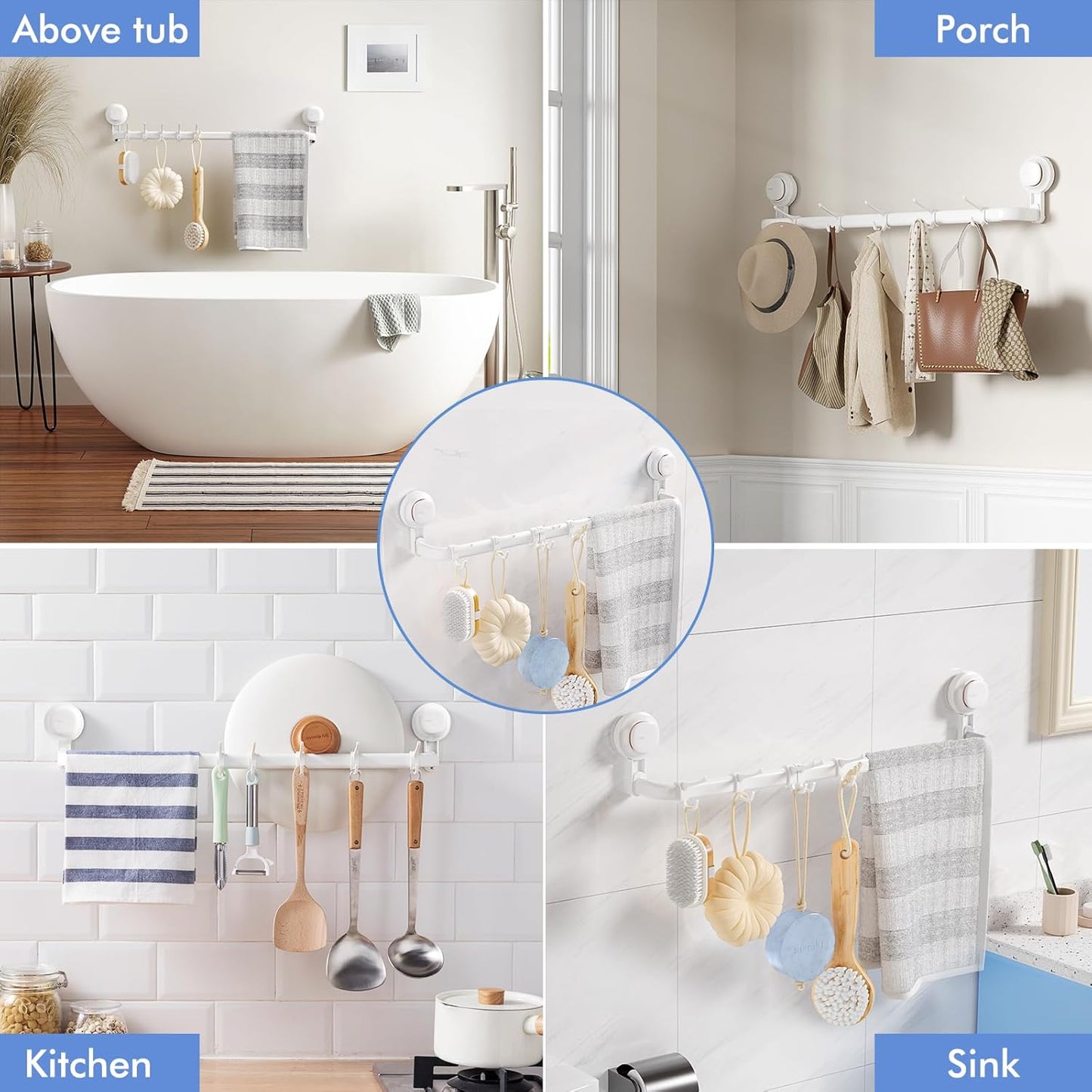 LUXEAR Suction Cup Towel Bar, 24 inches Adjustable Towel Rack Holder, No Drill & Removable Bathroom Towel Holder with 5 Sliding Hooks, Wall Mounted Towel Hanger for Shower Room, Kitchen, Door - White