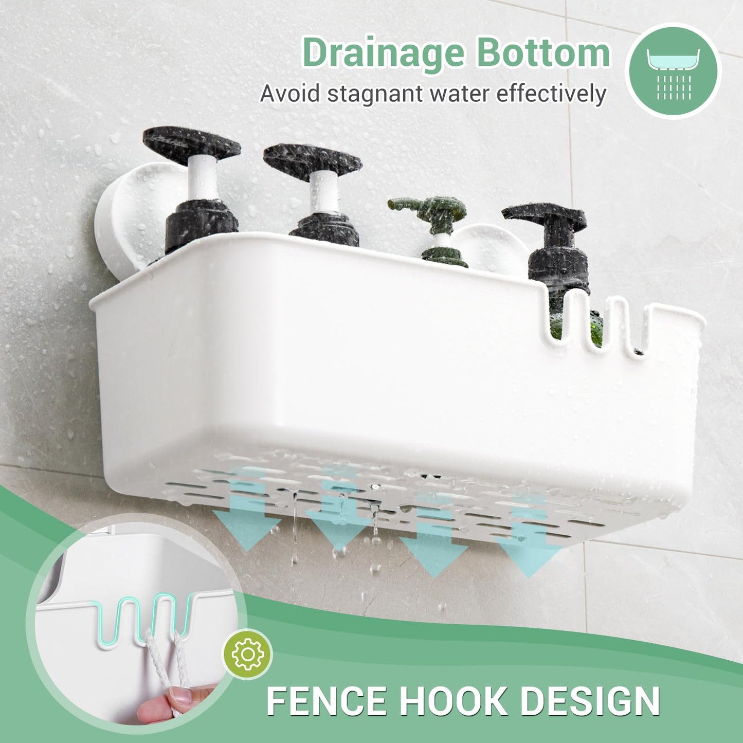 Abnehmbarer Dusch-Aufbewahrungskorb, rostfrei, wasserdicht, für die Badezimmerwand, Shampoo, Rasierer, Seife, mit Drainage-Design und Haken – Weiß