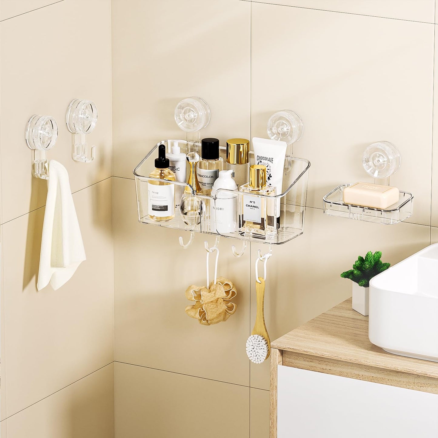 LUXEAR 4 Packs Shower Caddy Suction Cup Clear White - Shower Shelf+Soap Dish+Suction Hooks - 1 Second Installation NO-Drilling Removable Powerful Waterproof Shower Organizer for inside Shower Bathroom