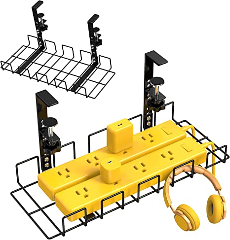 Under Desk Cable Management Tray - No-Drill Clamp Mount Steel Cord Organizer