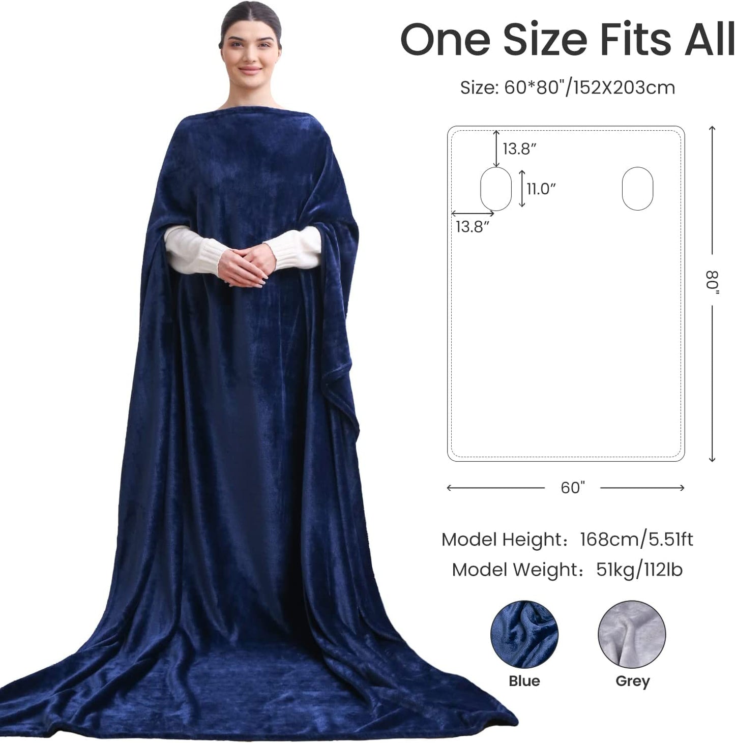 Wearable Hug Fleece Throw Hands Free Lazy Blanket 80"x60"