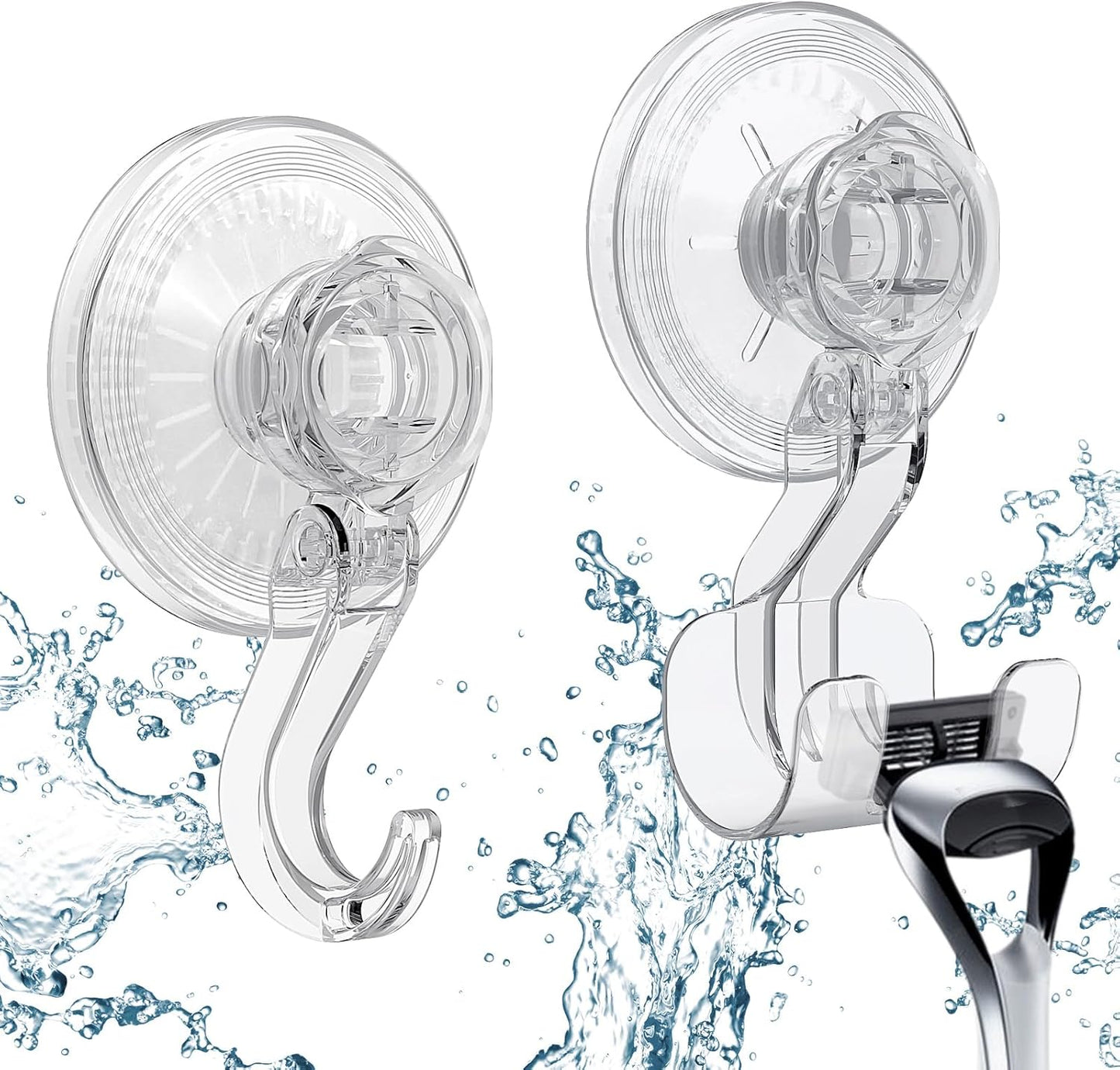 Heavy Duty Clear Suction Cup Hooks Combo, Removable Vacuum Push & Lock Wall Hooks & Razor Holder Set for Bathroom Shower Kitchen, Waterproof & Damage-Free