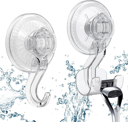 Heavy Duty Clear Suction Cup Hooks Combo, Removable Vacuum Push & Lock Wall Hooks & Razor Holder Set for Bathroom Shower Kitchen, Waterproof & Damage-Free
