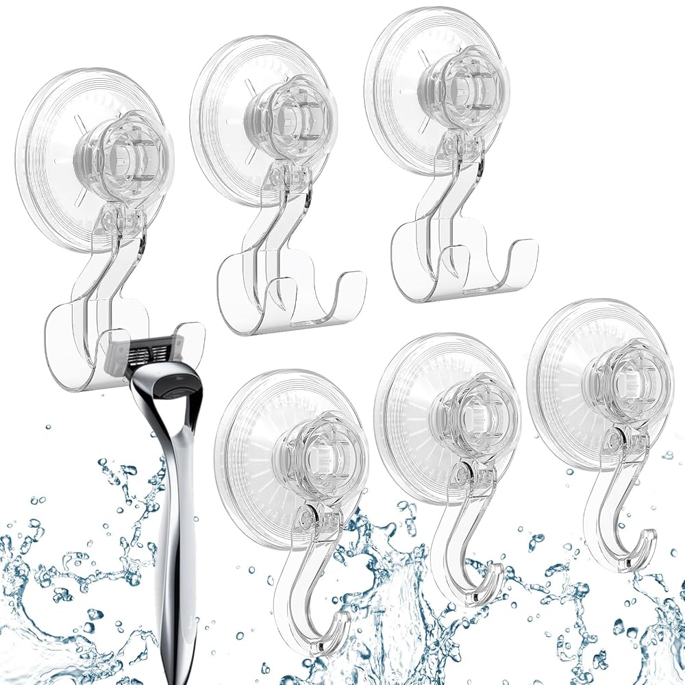 Heavy Duty Clear Suction Cup Hooks Combo, Removable Vacuum Push & Lock Wall Hooks & Razor Holder Set for Bathroom Shower Kitchen, Waterproof & Damage-Free