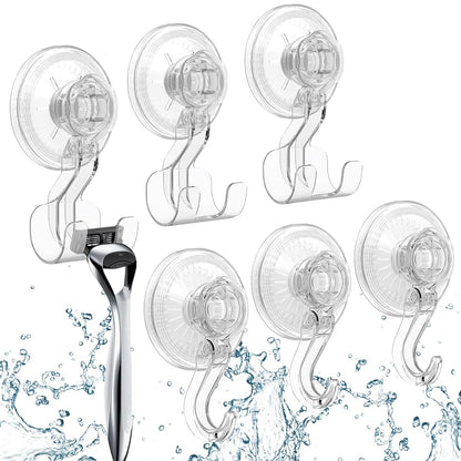 Heavy Duty Clear Suction Cup Hooks Combo, Removable Vacuum Push & Lock Wall Hooks & Razor Holder Set for Bathroom Shower Kitchen, Waterproof & Damage-Free