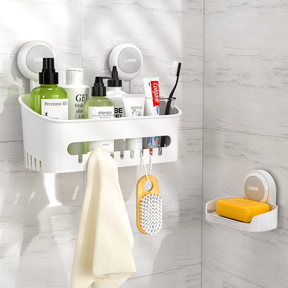 LUXEAR Shower Caddy Suction Cup 2 Pack Suction Shower Basket + Soap Dish Holder NO-Drilling Removable One Second Installation Shower Organizer Powerful Waterproof Bathroom Caddy Storage