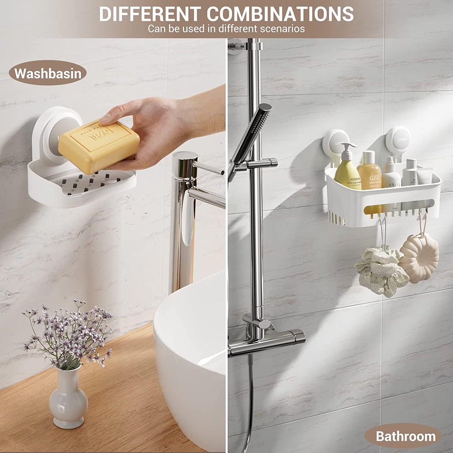 LUXEAR Shower Caddy Suction Cup 2 Pack Suction Shower Basket + Soap Dish Holder NO-Drilling Removable One Second Installation Shower Organizer Powerful Waterproof Bathroom Caddy Storage