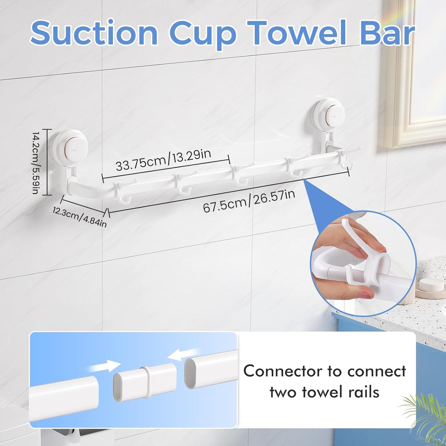LUXEAR Suction Cup Towel Bar, 24 inches Adjustable Towel Rack Holder, No Drill & Removable Bathroom Towel Holder with 5 Sliding Hooks, Wall Mounted Towel Hanger for Shower Room, Kitchen, Door - White