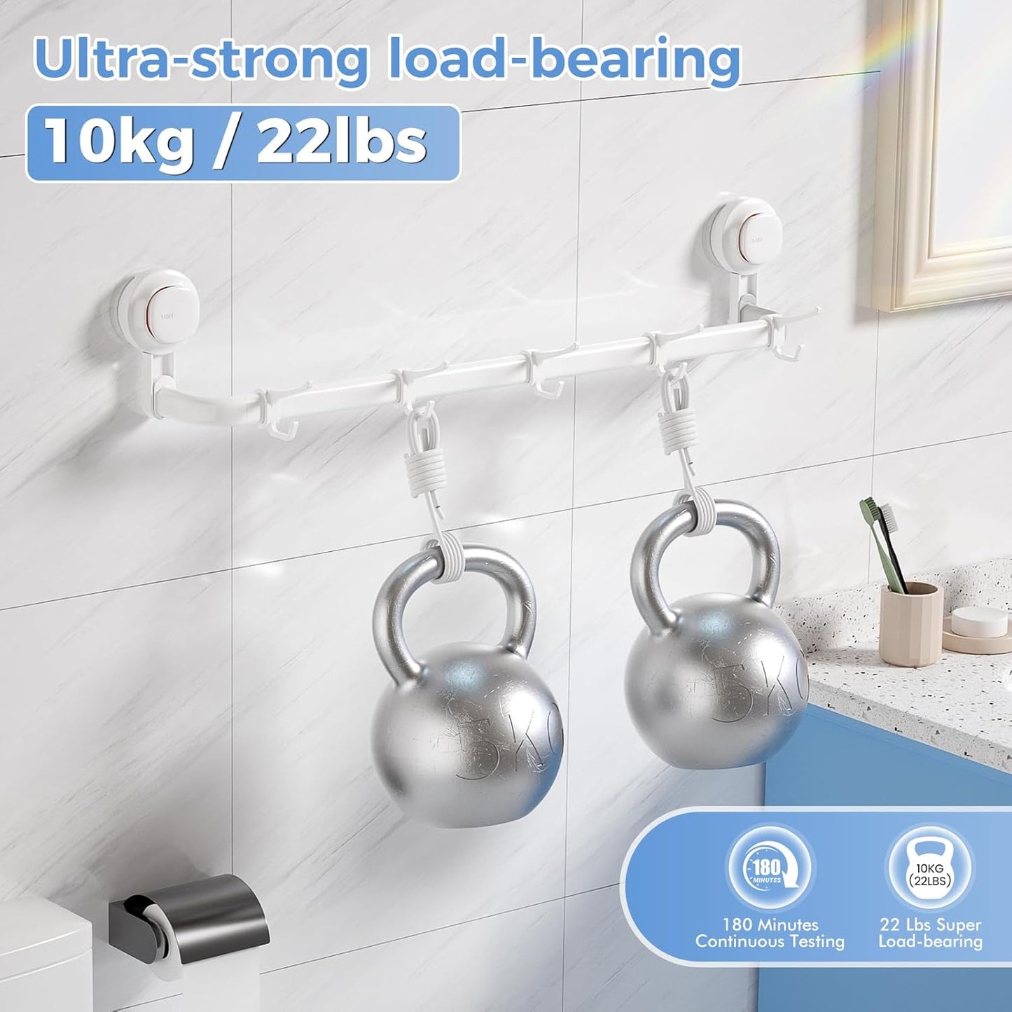 LUXEAR Suction Cup Towel Bar, 24 inches Adjustable Towel Rack Holder, No Drill & Removable Bathroom Towel Holder with 5 Sliding Hooks, Wall Mounted Towel Hanger for Shower Room, Kitchen, Door - White