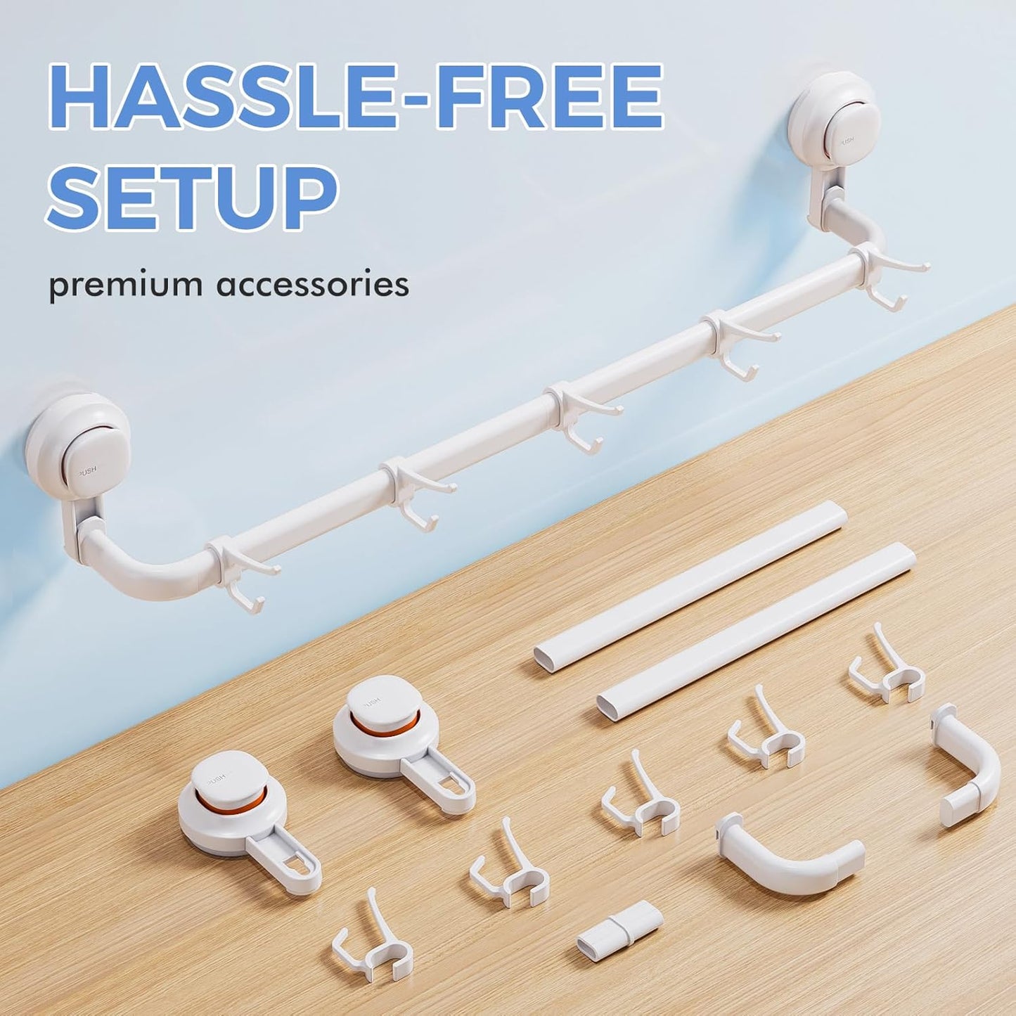 LUXEAR Suction Cup Towel Bar, 24 inches Adjustable Towel Rack Holder, No Drill & Removable Bathroom Towel Holder with 5 Sliding Hooks, Wall Mounted Towel Hanger for Shower Room, Kitchen, Door - White