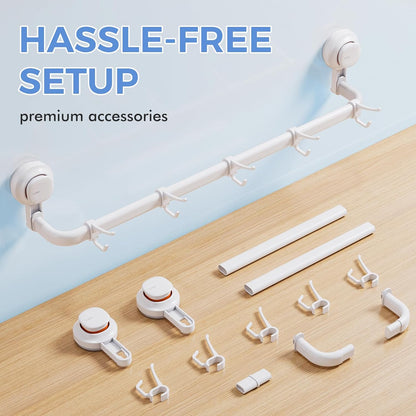 LUXEAR Suction Cup Towel Bar, 24 inches Adjustable Towel Rack Holder, No Drill & Removable Bathroom Towel Holder with 5 Sliding Hooks, Wall Mounted Towel Hanger for Shower Room, Kitchen, Door - White