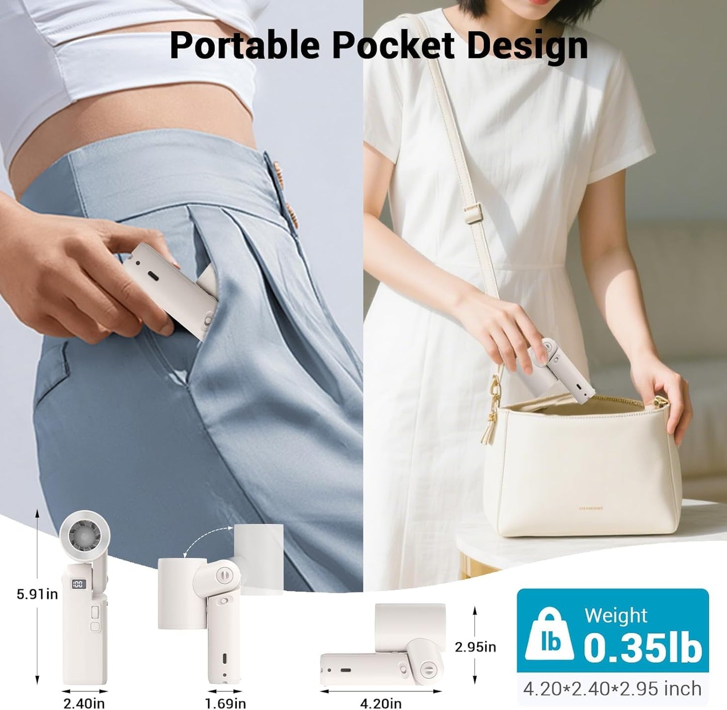 Portable Handheld Fan, Personal Mini Fan with Infinitely Adjustable High Speed, USB Rechargeable Battery Operated Fan LED Display for Home Office Car Indoor and Outdoor Women Gifts, White