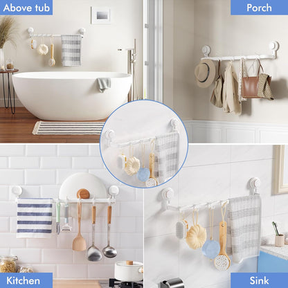 LUXEAR Suction Cup Towel Bar, 24 inches Adjustable Towel Rack Holder, No Drill & Removable Bathroom Towel Holder with 5 Sliding Hooks, Wall Mounted Towel Hanger for Shower Room, Kitchen, Door - White