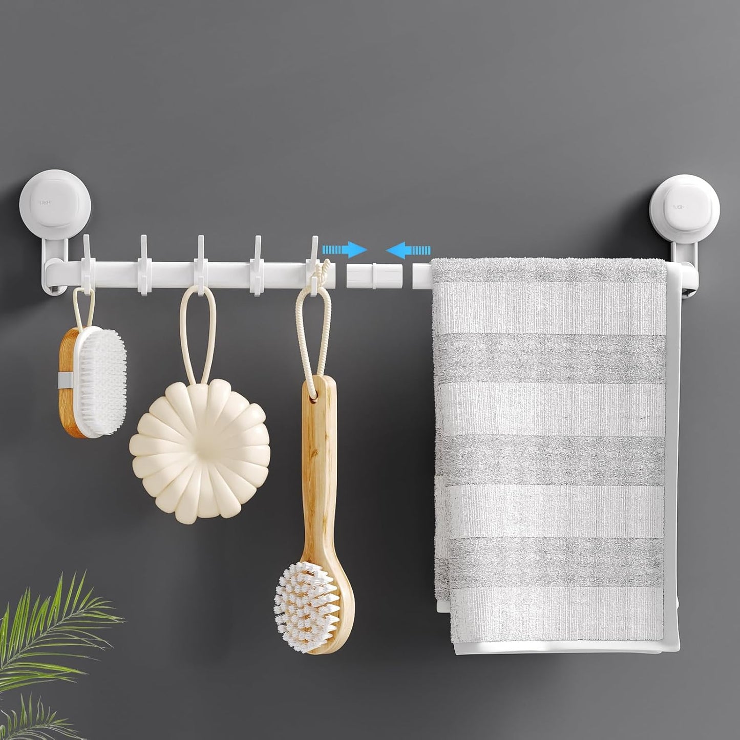 LUXEAR Suction Cup Towel Bar, 24 inches Adjustable Towel Rack Holder, No Drill & Removable Bathroom Towel Holder with 5 Sliding Hooks, Wall Mounted Towel Hanger for Shower Room, Kitchen, Door - White