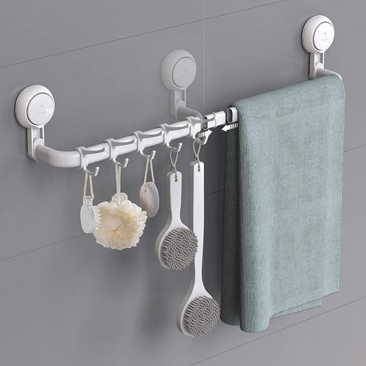 Porte-serviettes Luxear, barre porte-serviettes réglable de 61 cm, support mural amovible sans perçage avec 5 crochets coulissants, porte-serviettes à ventouse pour porte de cuisine et salle de bain – Blanc