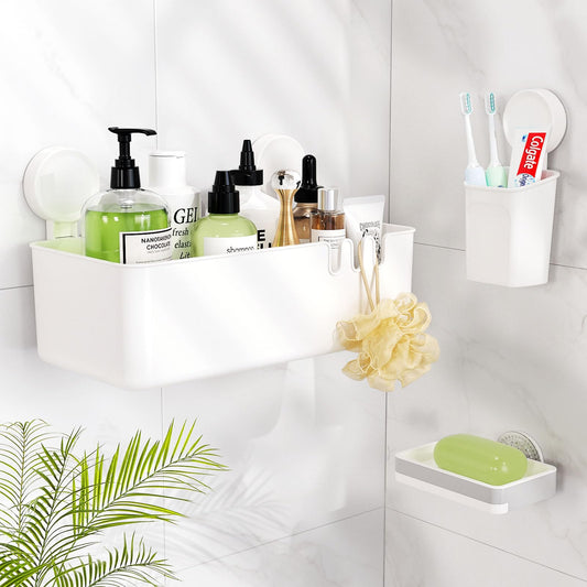 LUXEAR Suction Shower Caddy - 3 Pack NO-Drilling Organizer - 1S Installation Removable Powerful Waterproof Baskets for Bathroom & Kitchen