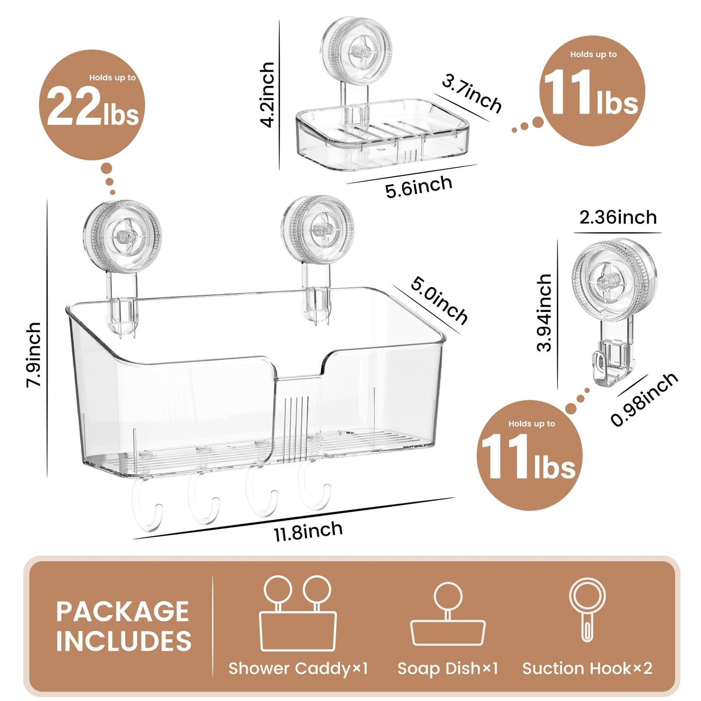 LUXEAR 4 Packs Shower Caddy Suction Cup Clear White - Shower Shelf+Soap Dish+Suction Hooks - 1 Second Installation NO-Drilling Removable Powerful Waterproof Shower Organizer for inside Shower Bathroom