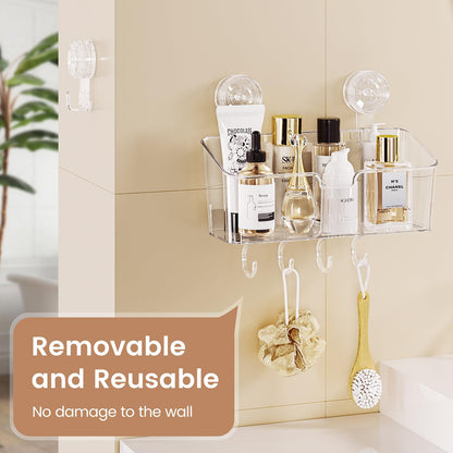 LUXEAR 4 Packs Shower Caddy Suction Cup Clear White - Shower Shelf+Soap Dish+Suction Hooks - 1 Second Installation NO-Drilling Removable Powerful Waterproof Shower Organizer for inside Shower Bathroom