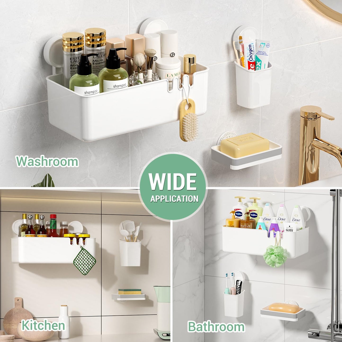 LUXEAR Suction Shower Caddy - 3 Pack NO-Drilling Organizer - 1S Installation Removable Powerful Waterproof Baskets for Bathroom & Kitchen