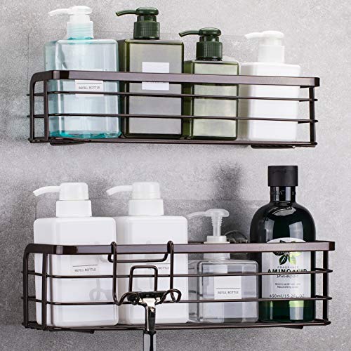 Shower Caddy Basket Shelf with Hooks for Hanging Sponge and Razor,Shampoo  Holder Organizer,No Drilling Adhesive Wall Mounted Bathroom Shelf,Rustproof